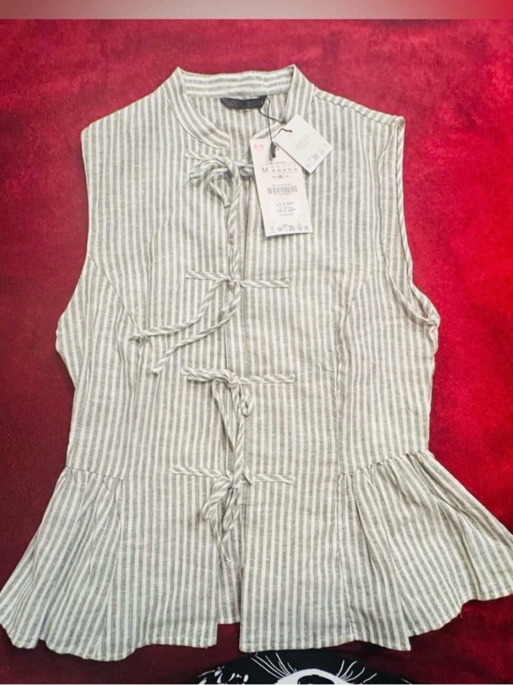 Mango Sleeveless Striped Tie-Front Peplum Top - Gray & White